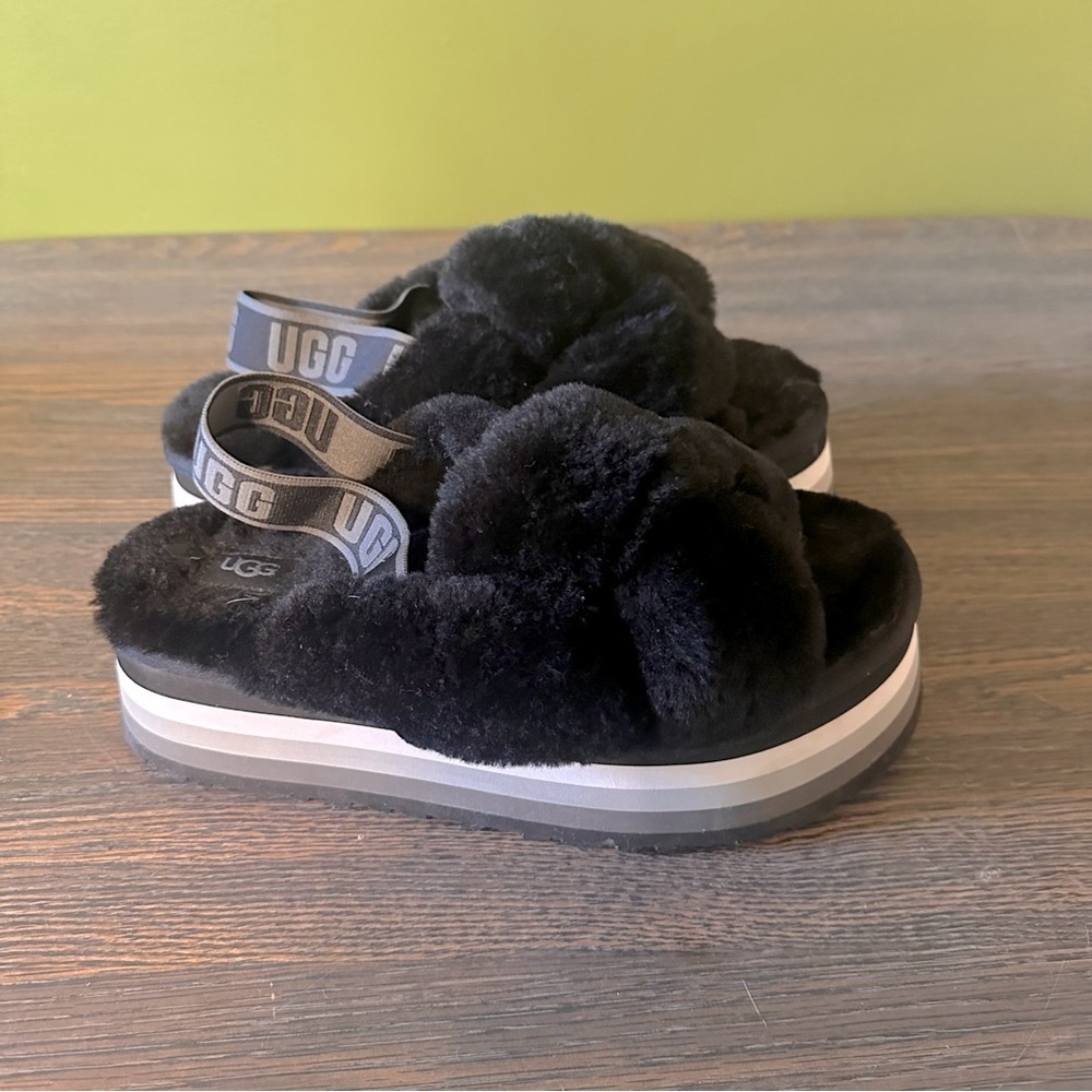 UGG Disco Knot Sherpa Platform Slide Sandal Slippers Black Size 9